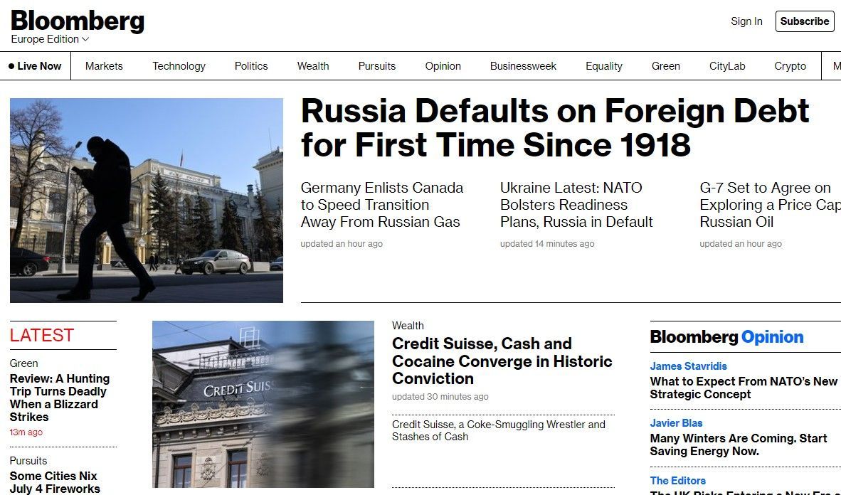 Bloomberg: в России впервые с 1918 года произошел дефолт по внешнему долгу Bloomberg: в России впервые с 1918 года произошел дефолт по внешнему долгу