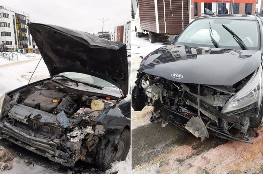 В Петрозаводске два легковых автомобиля смяло после жесткого столкновения