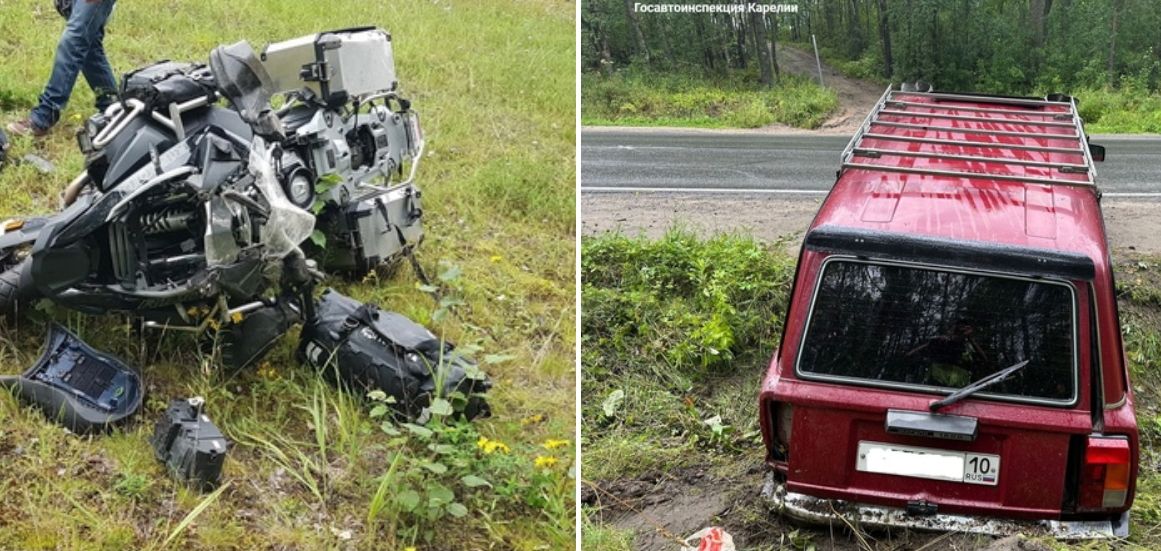 В Карелии мотоцикл «BMW» и автомобиль «ВАЗ» съехали в кювет