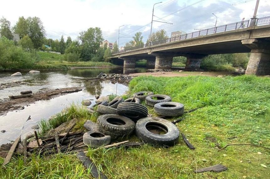 Три тонны старых покрышек подняли со дна реки Лососинки в Петрозаводске