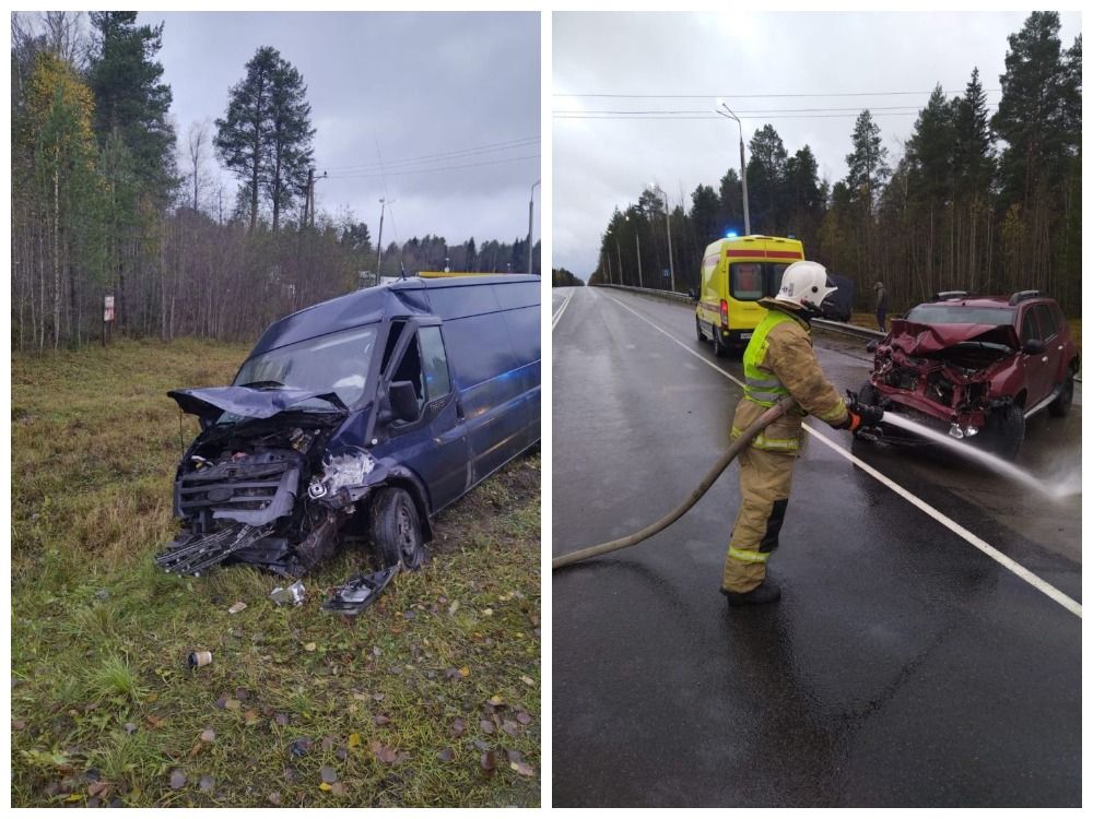Микроавтобус и легковой автомобиль смяло после жесткого столкновения на трассе «Кола»