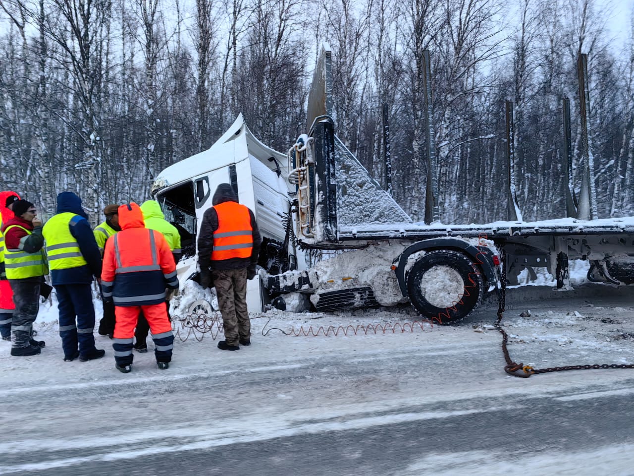 На трассе «Кола» в Карелии лесовоз улетел в кювет