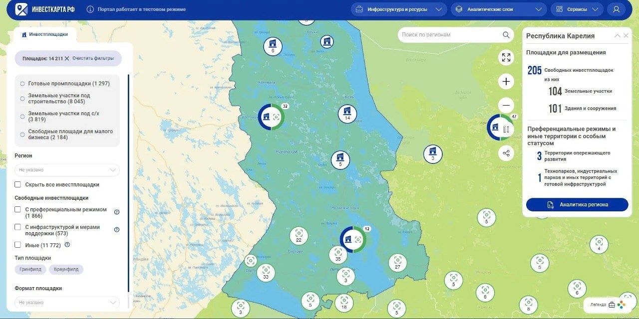 На инвестиционной карте России представлено 205 карельских площадок для бизнеса