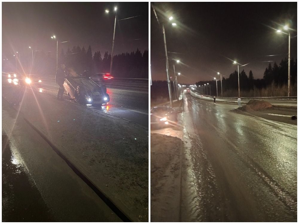 В Петрозаводске автомобиль въехал в оставленную на дороге кучу песка и перевернулся