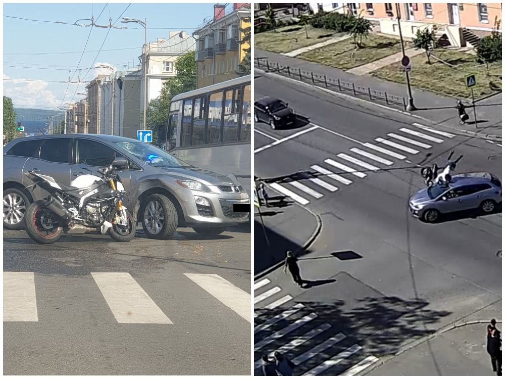В центре Петрозаводска мотоциклист после жесткого столкновения перелетел через автомобиль