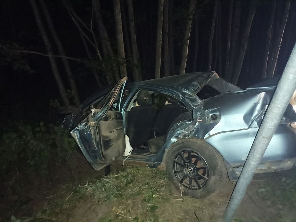 В Карелии автомобиль вылетел в кювет, врезался в столб и дорожный знак