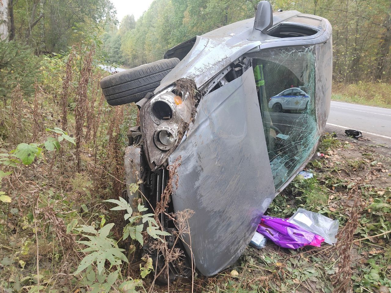На трассе в Карелии автомобиль под управлением женщины-водителя съехал в кювет и опрокинулся
