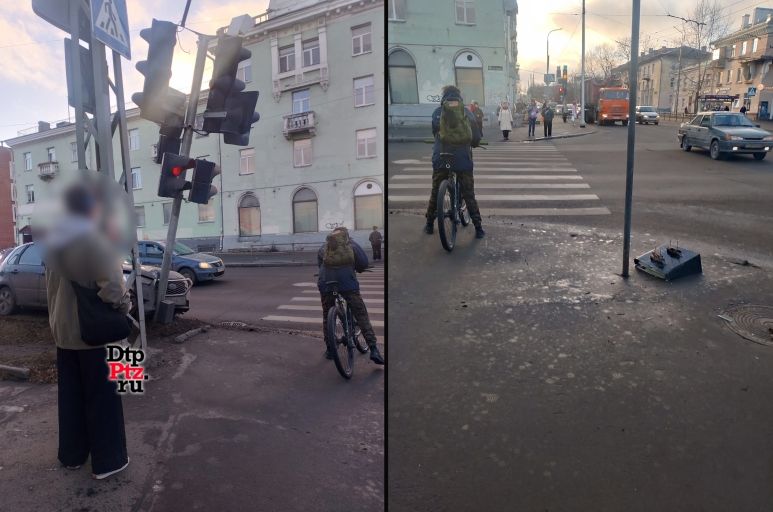 Автомобиль в Петрозаводске протаранил светофор, часть которого упала на велосипедиста