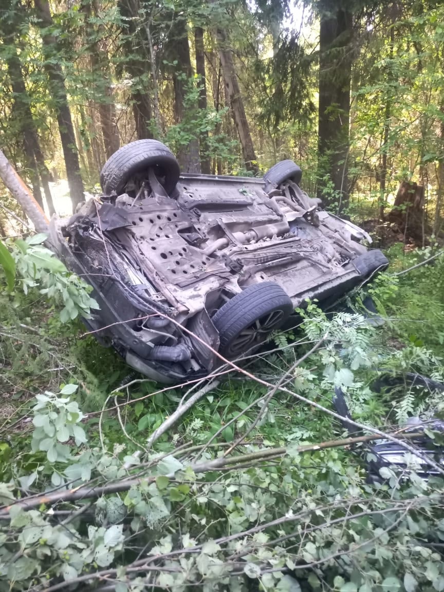 Легковушка смяла отбойник, снесла все на пути, воткнулась в дерево и легла на крышу на трассе в Карелии