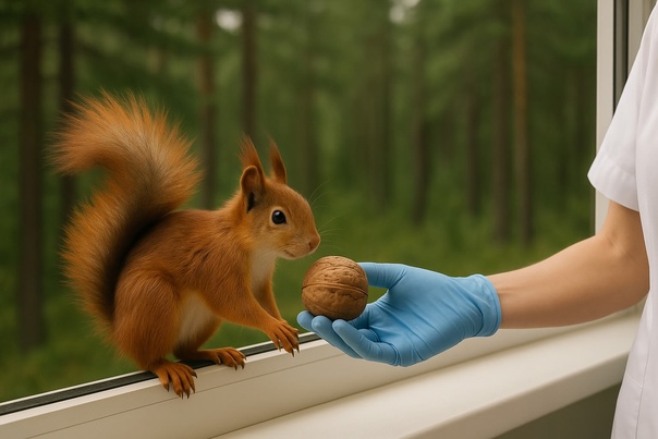 Радуют пациентов: семья белок обосновалась у больницы в поселке Карелии