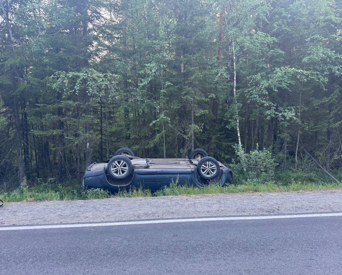 Пожилые водитель и пассажирка пострадали в ДТП, когда легковой автомобиль лег на крышу перед поворотом на Шапшезеро