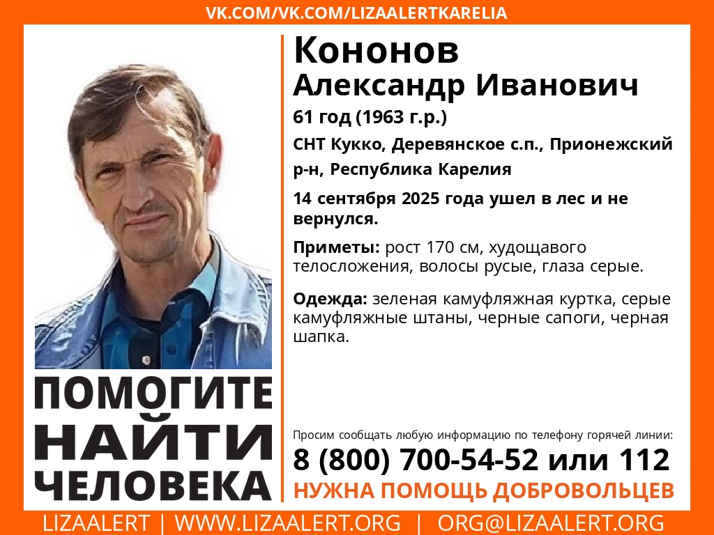 Поисковый отряд «ЛизаАлерт» ищет пропавшего в лесу жителя Прионежского района