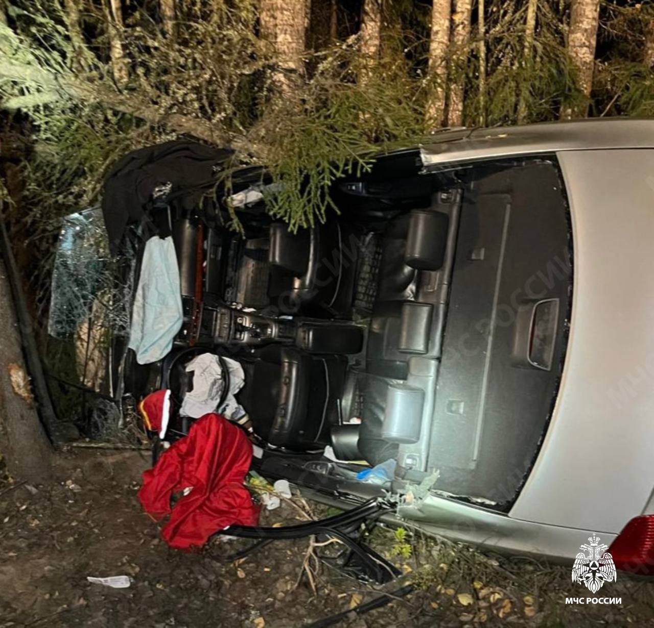 Ночью под Петрозаводском перевернулся автомобиль, пострадавших доставали спасатели