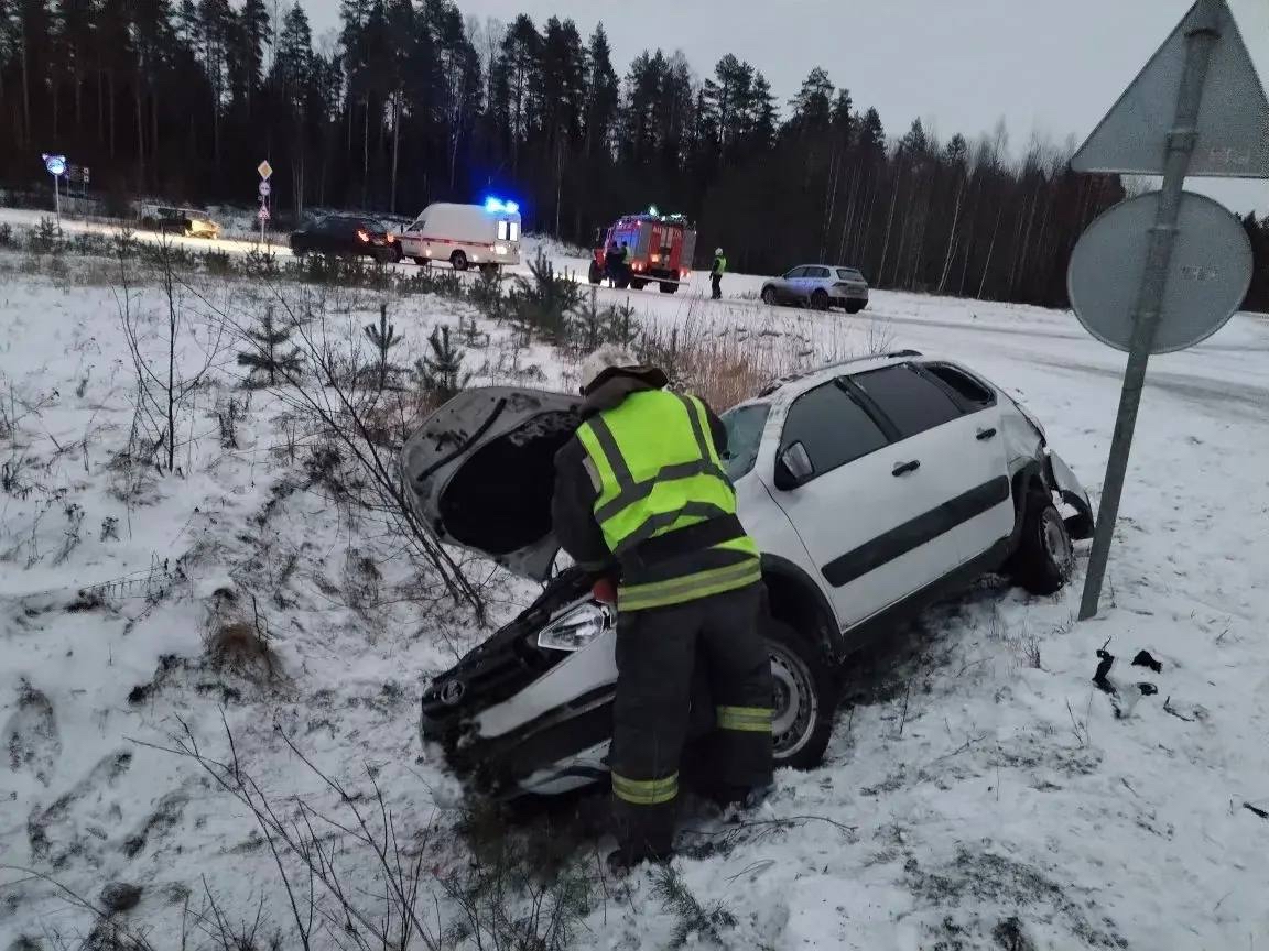 Ребенок и двое взрослых пострадали в слетевшей с дороги легковушке в Пряжинском районе