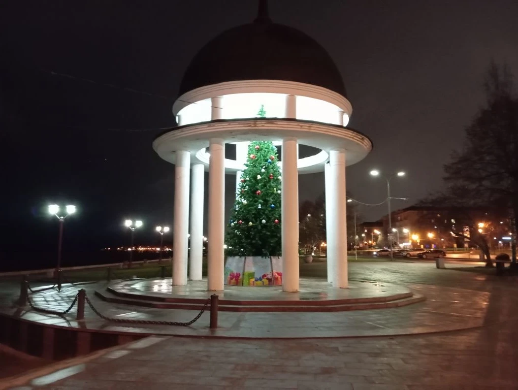 Новогоднюю ель установили в ротонде на набережной в Петрозаводске