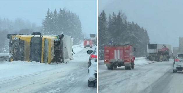 Грузовики раскидало на заснеженной трассе в соседнем с Карелией регионе