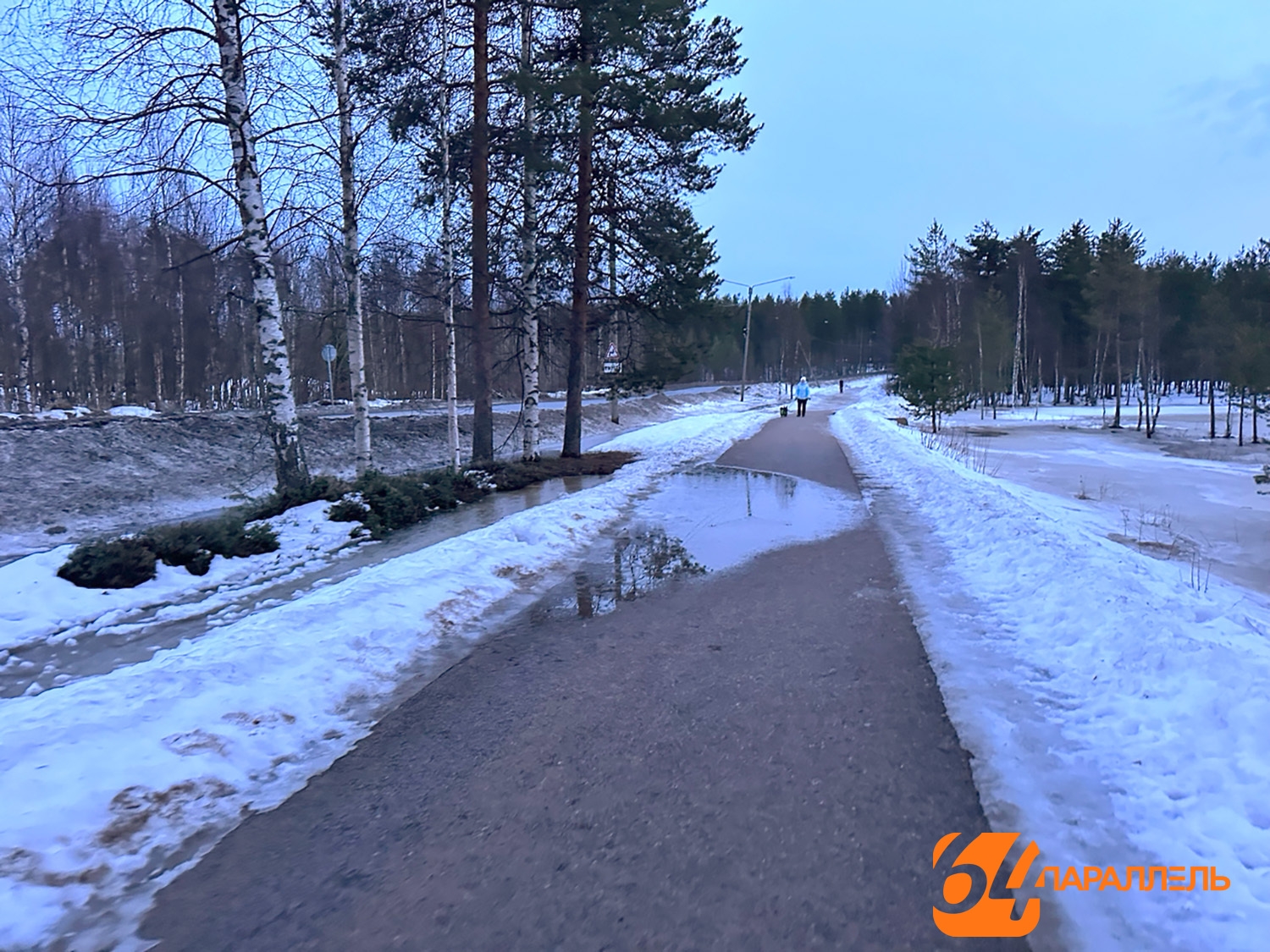 Талые воды затопили благоустроенный тротуар в Костомукше