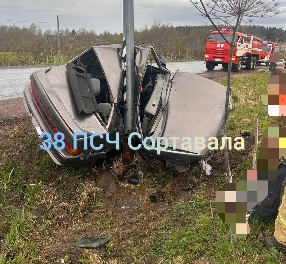 Влетевшая в столб легковушка сложилась пополам на трассе в Карелии