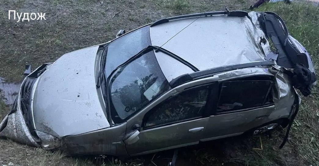 Из-за повреждения колеса Renault Sandero съехал в кювет и опрокинулся