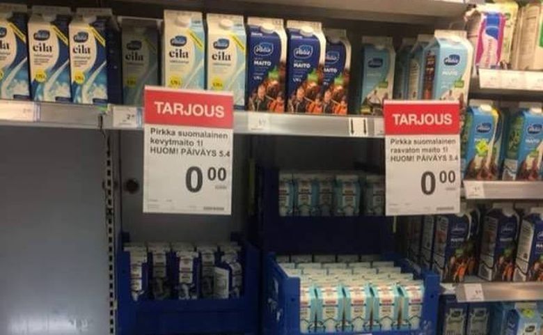 В финских магазинах молоко раздают бесплатно. Даже ценник повесили