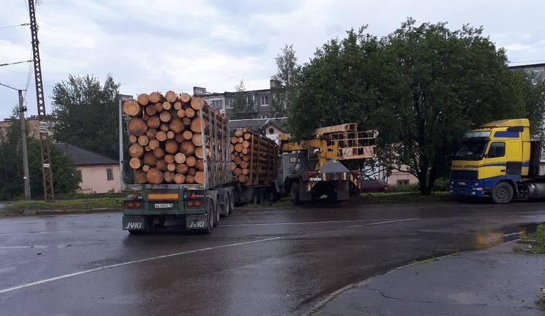 Груженый лесовоз протаранил автокран в Петрозаводске