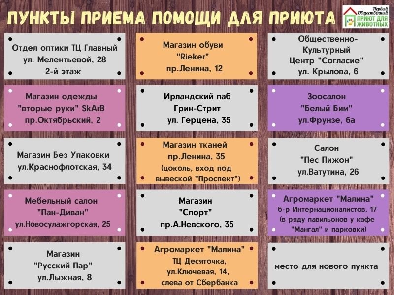Для помощи обитателям зооприютов организованы специальные пункты по следующим адресам